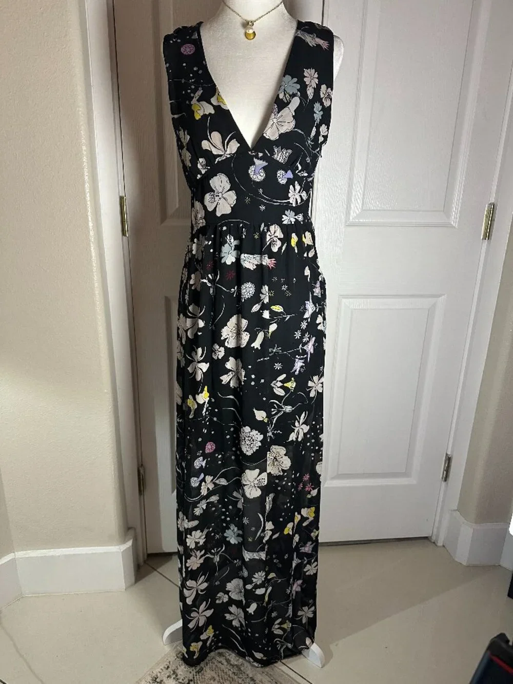 H&M Conscious Botanical Print Black Maxi Dress – Size 8